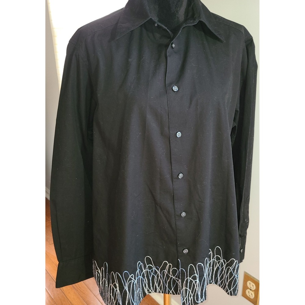 Liz Claiborne Womens Button Up Shirt Lg Scribble Embroidery Minimalist Artsy